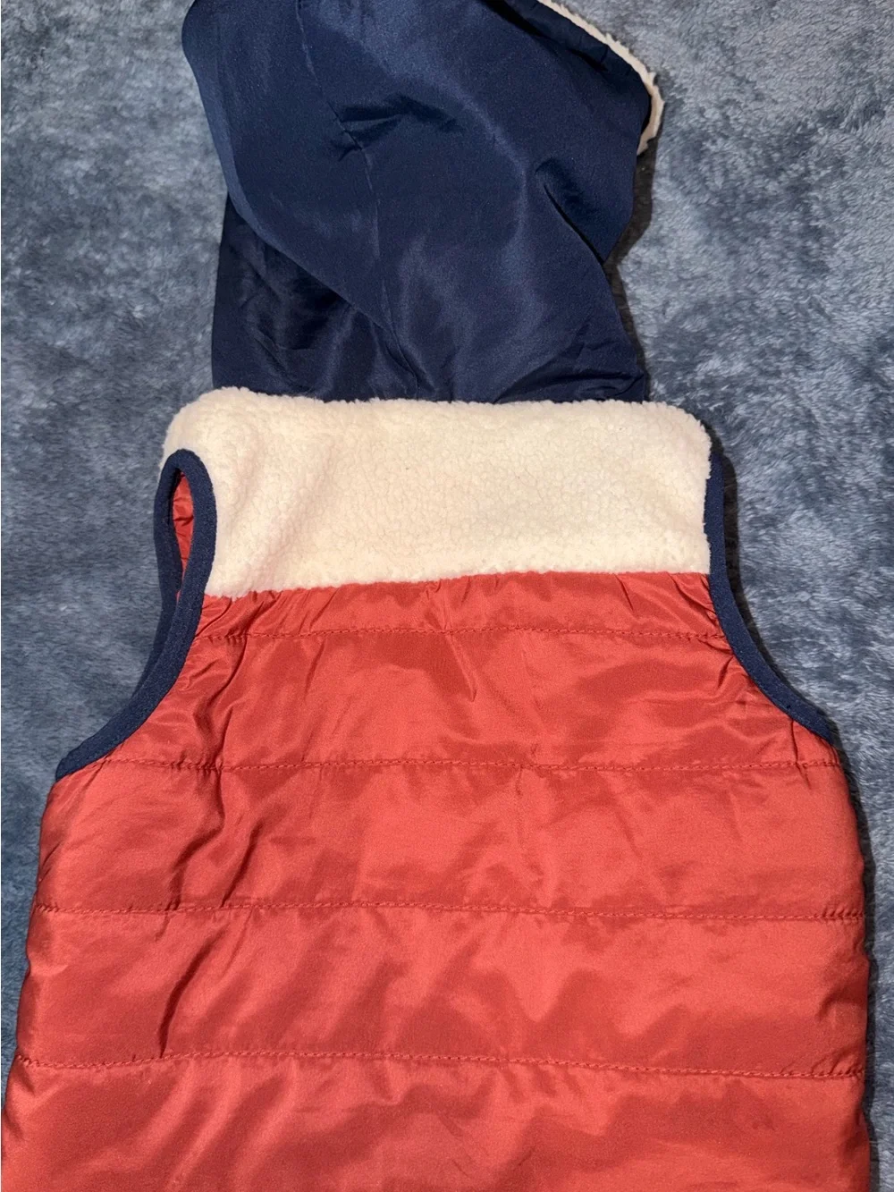 Kids Red and Navy Hooded Puffer Vest with Sherpa Trim